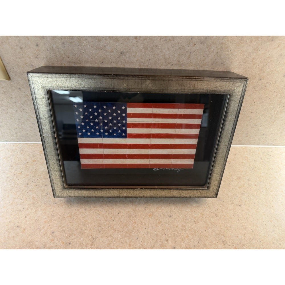 C.J. Mobley Signed American Flag Art 2014 Framed Patriotic Americana Dallas TX